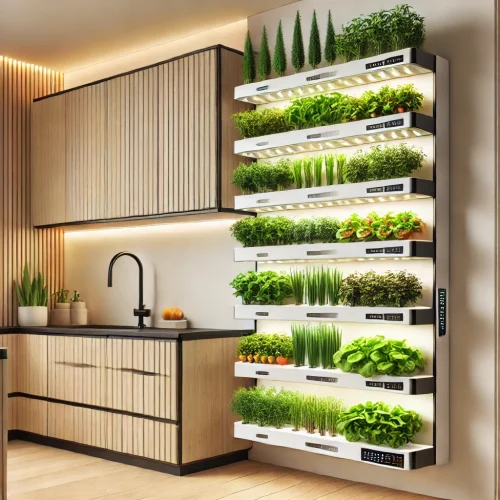 DALL·E 2024-10-05 11.42.54 - A slim indoor vertical garden designed for a kitchen, fitting within dimensions of 5 feet high, 3 feet wide, and 1.5 feet deep, using a hydroaeroponic