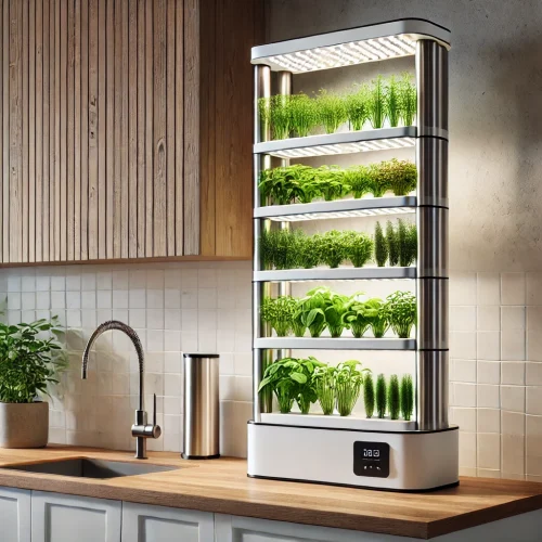 DALL·E 2024-10-05 11.42.59 - A narrow indoor vertical garden designed to fit against a kitchen wall on a countertop, using a hydroaeroponic system. This setup features a slender v