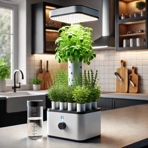DALL·E 2024-10-05 11.43.01 - A mini indoor vertical garden designed for a kitchen counter using a hydroaeroponic system. The scene features a very small vertical tower, ideal for