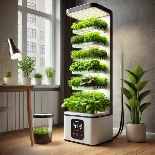 DALL·E 2024-10-05 11.43.02 - A compact indoor vertical garden using a hydroaeroponic system, suitable for a small space. The scene features a condensed vertical tower with leafy g